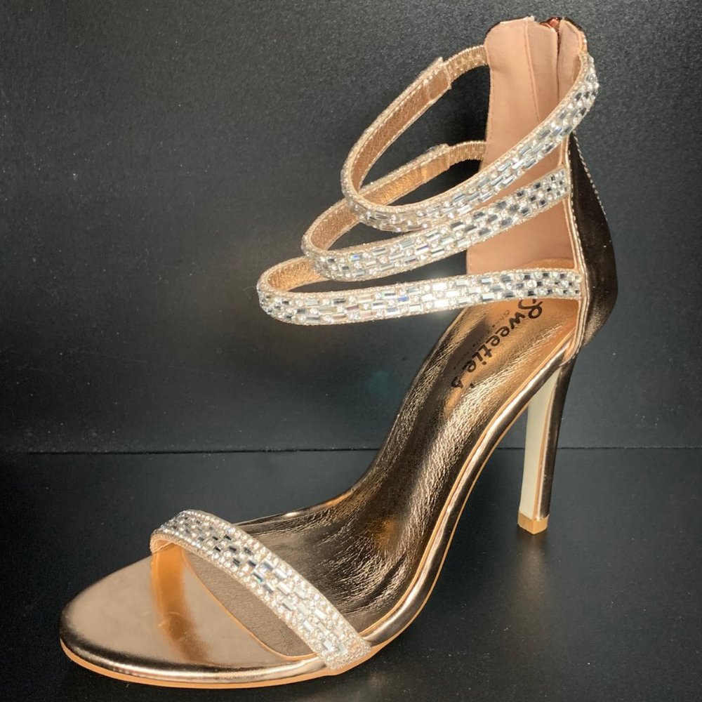 Rose Gold Rhinestone Strappy Sandals - Picture 3 of 5